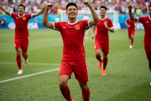 足球比赛结束后球员在场上庆祝进球的画面